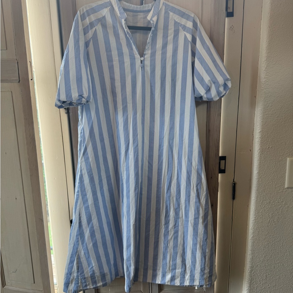 100% cotton Blue and White Striped Midi Dress